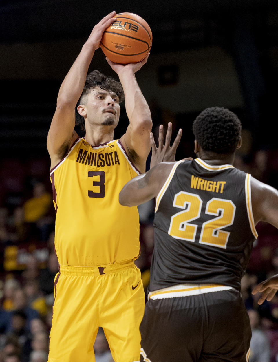 Minnesota's Dawson Garcia (3) makes a 3-point basket during the first half of an NCAA college basketball game against Western Michigan, Monday, Nov. 7, 2022 in Minneapolis. (Carlos Gonzalez/Star Tribune via AP)