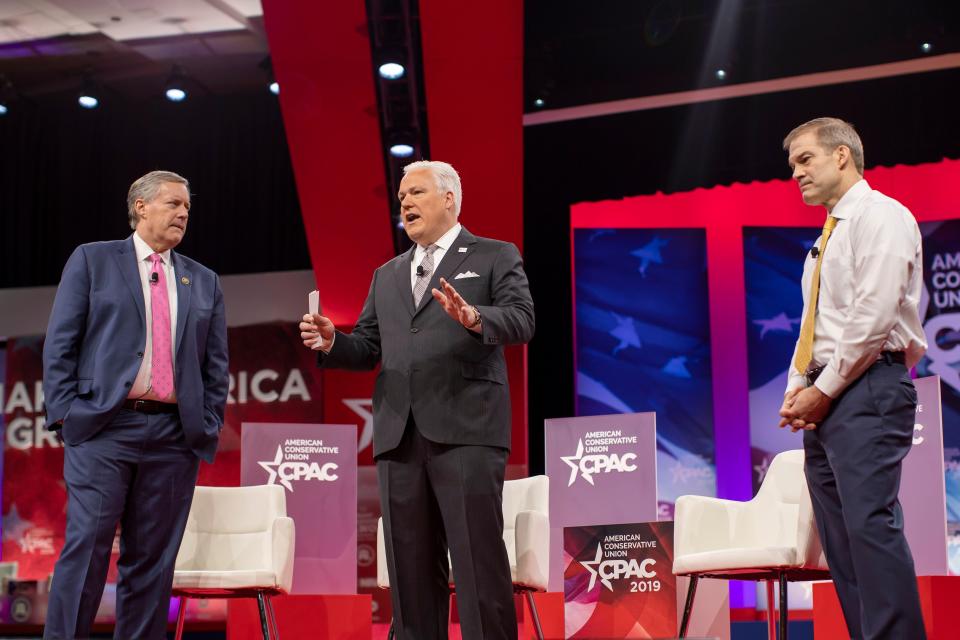 Republican Representative of North Carolina Mark Meadows (L) and Republican Representative of Ohio Jim Jordan (R) speak with Matt Schlapp (C) of the American Conservative Union during the 46th annual Conservative Political Action Conference (CPAC) at the Gaylord National Resort & Convention Center in National Harbor, Maryland onFebruary 28, 2019. (Photo: Erik S. Lesser/EPA-EFE/REX/Shutterstock)