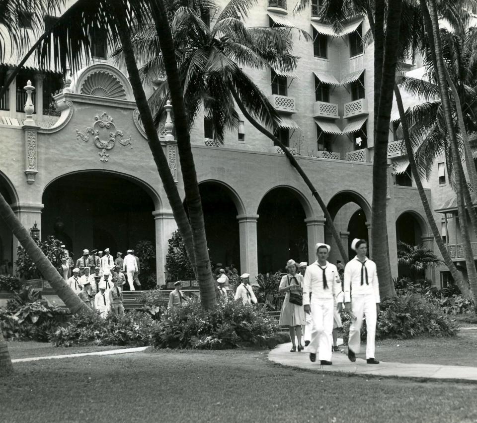 During World War II, Waikiki&rsquo;s luxury Royal Hawaiian Hotel was seized by the Navy and was open only to military personnel, seen here in the hotel&rsquo;s Coconut Grove.