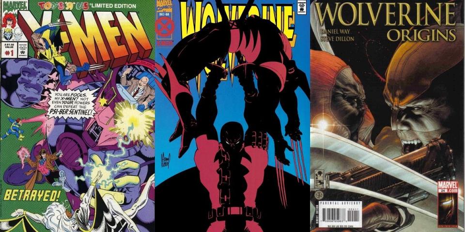 (L to R) The Toys R Us X-Men special edition from 1993, the first time Wolverine and Deadpool share a comic, 1994's
Wolverine #88, the first canonical fight between the two characters, and Wolverine Origins from 2008, the true story of Deadpool and Logan's first encounter.