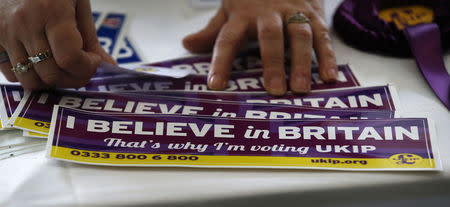 United Kingdom Independence Party (UKIP) stickers are displayed for sale at the party's spring conference in Bolton, Britain, February 17, 2017. REUTERS/Andrew Yates/Files
