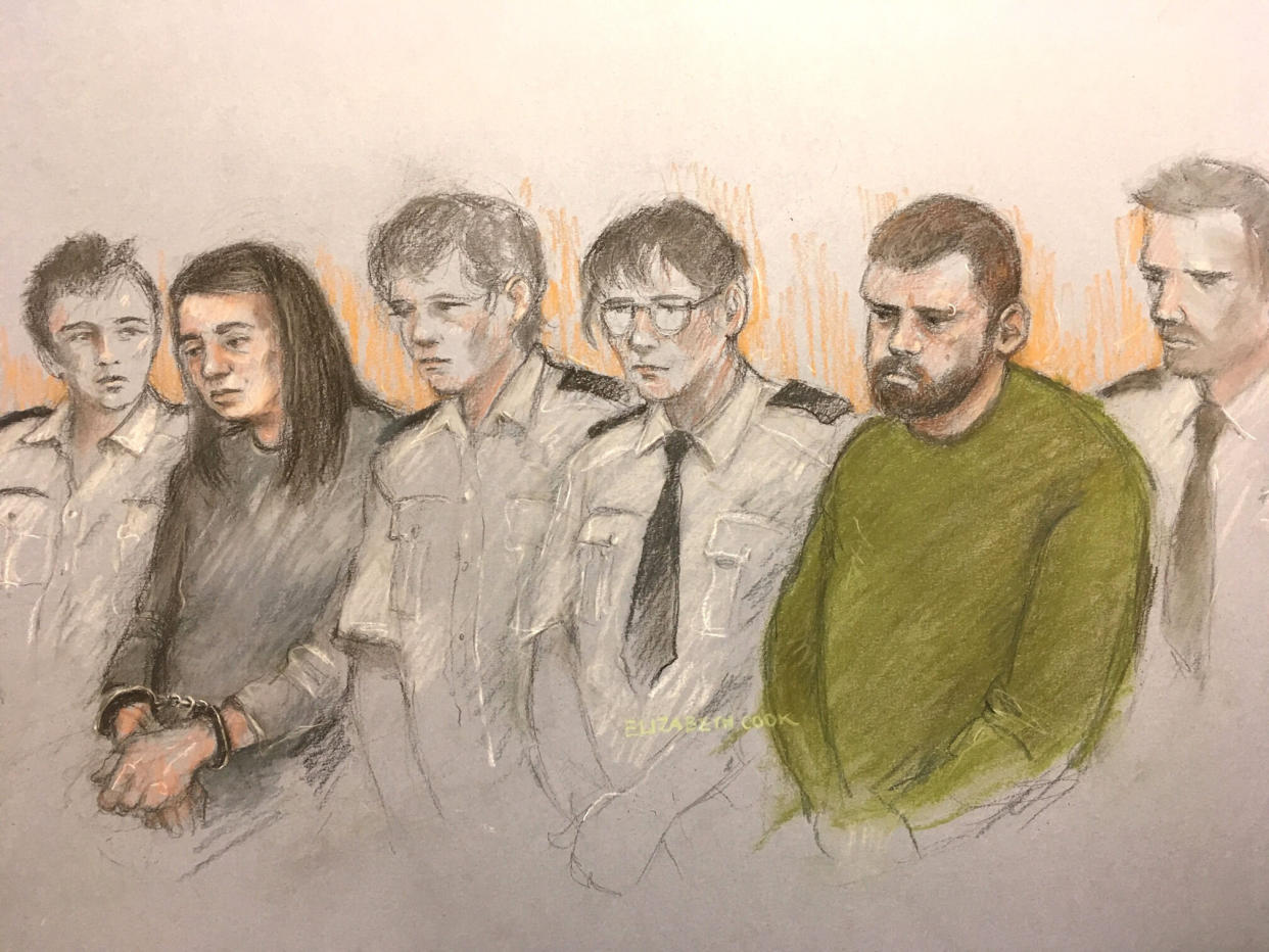 A court artist's sketch of Sarah Barrass, left, and Brandon Machin, right, flanked by security staff as they sit in the dock at Sheffield Crown Court (Picture: PA)