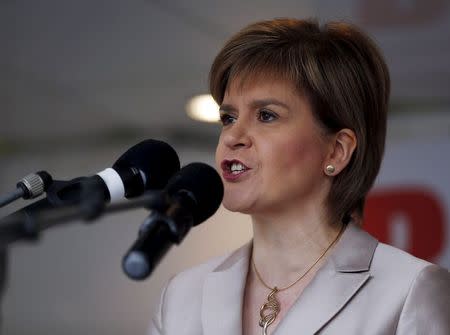 Nicola Sturgeon, the leader of Scottish National Party (SNP), speaks at a CND Scotland anti-trident rally in Glasgow, Scotland, April 4, 2015. REUTERS/Russell Cheyne