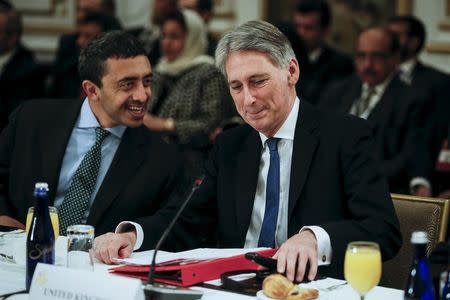 Britain's Foreign Secretary Philip Hammond (R) speaks with the Foreign Minister of The United Arab Emirates Abdullah bin Zayed Al Nahyan during a meeting of Foreign Ministers about the situation in Syria at the Palace Hotel in the Manhattan borough of New York December 18, 2015. REUTERS/Carlo Allegri