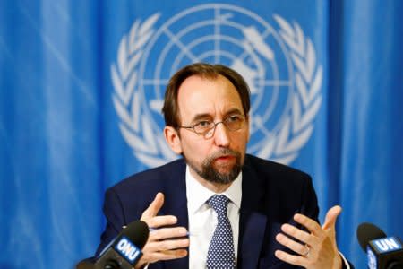 FILE PHOTO: United Nations High Commissioner for Human Rights Zeid Ra'ad al-Hussein of Jordan speaks during a news conference at the United Nations European headquarters in Geneva, Switzerland, May 1, 2017. REUTERS/Pierre Albouy/File Photo