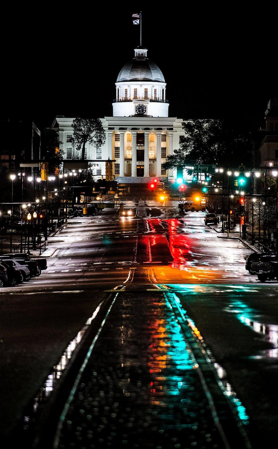 The Alabama State Capitol Building is seen on a rainy night on Dexter Avenue in Montgomery, Ala., on Wednesday February 5, 2020.