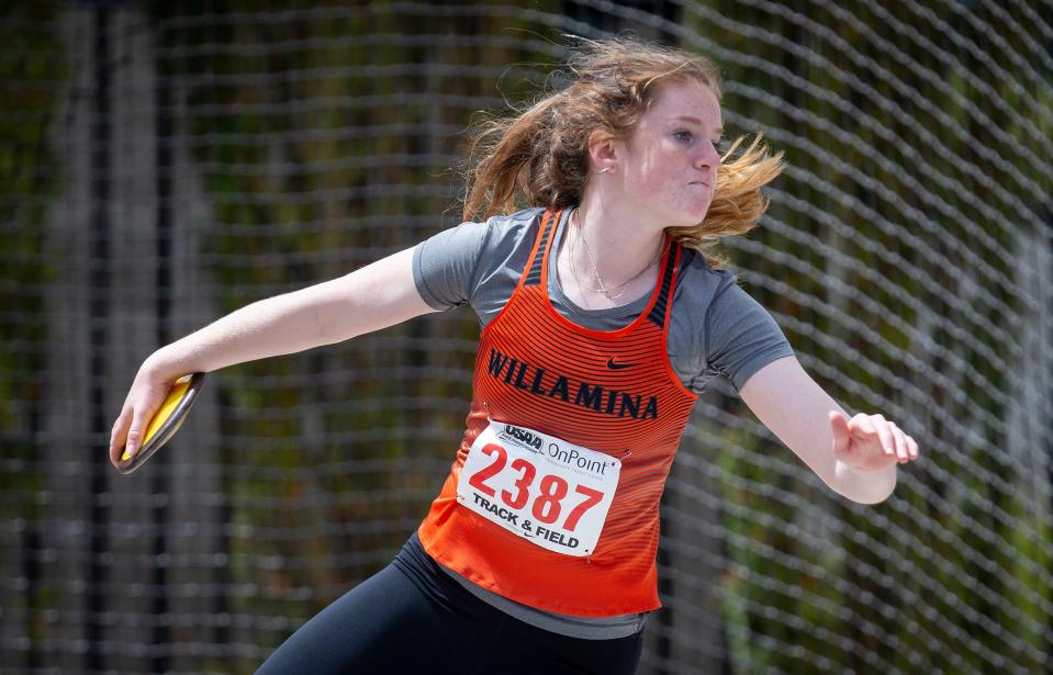 Willamina’s Hallee Hughes wins the 3A girls discus at the OSAA track and field championships at Hayward Field in Eugene Thursday, May 19, 2022. 