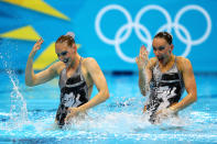 Natalia Ischenko and Svetlana Romashina of Russia compete in the Women's Duets Synchronised Swimming Technical Routine on Day 9 of the London 2012 Olympic Games at the Aquatics Centre on August 5, 2012 in London, England. (Photo by Al Bello/Getty Images)