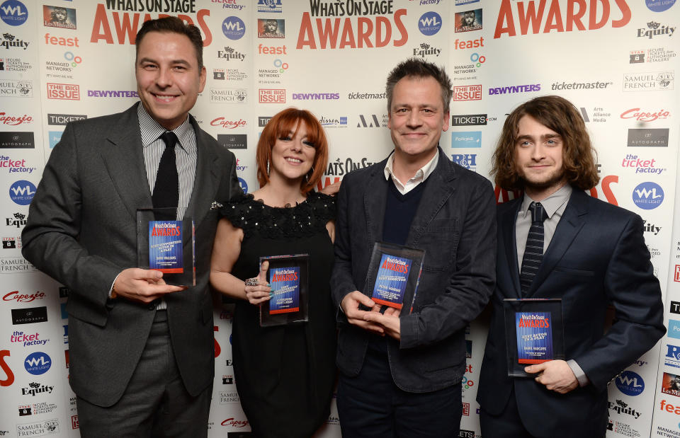(left to right) David Walliams with the award for Best Supporting Actor in a Play, Sheridan Smith with the award for Best Shakespearean Production, Michael Grandage with the award for Best Director and Daniel Radcliffe with the award for Best Actor in a Play during the What'sOnStage Awards at the Prince of Wales Theatre, London.
