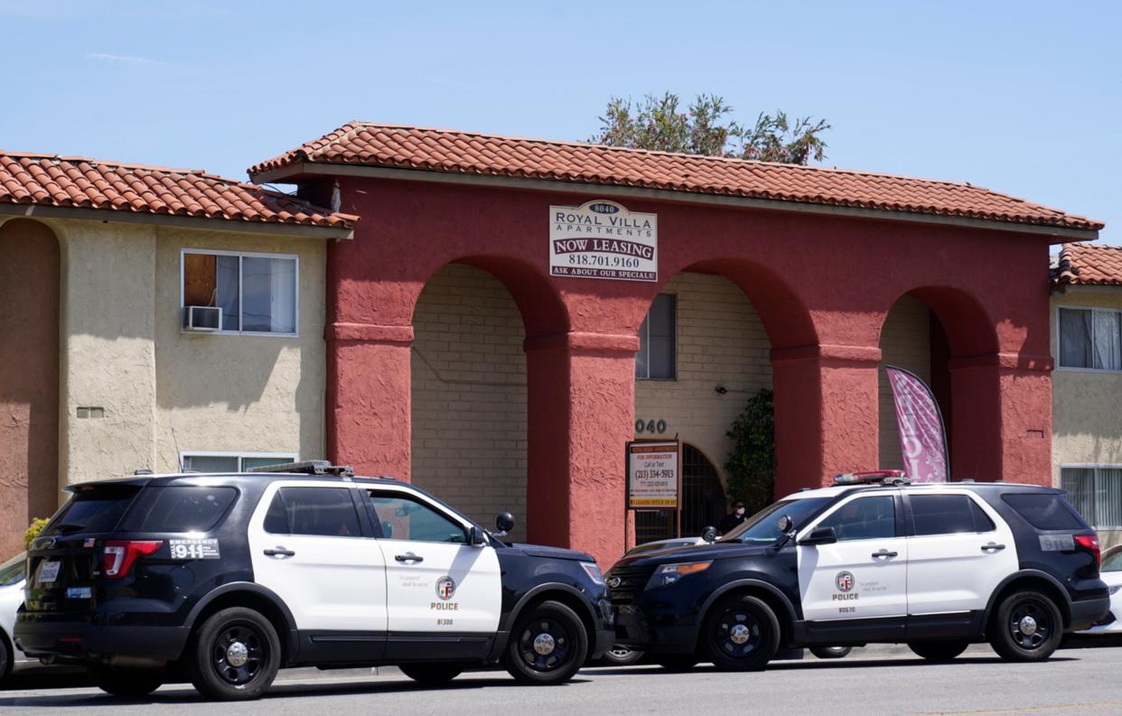 <p>Two Los Angeles police cruisers are pictured in April, 2021.</p> ((AP Photo/Damian Dovarganes, File))