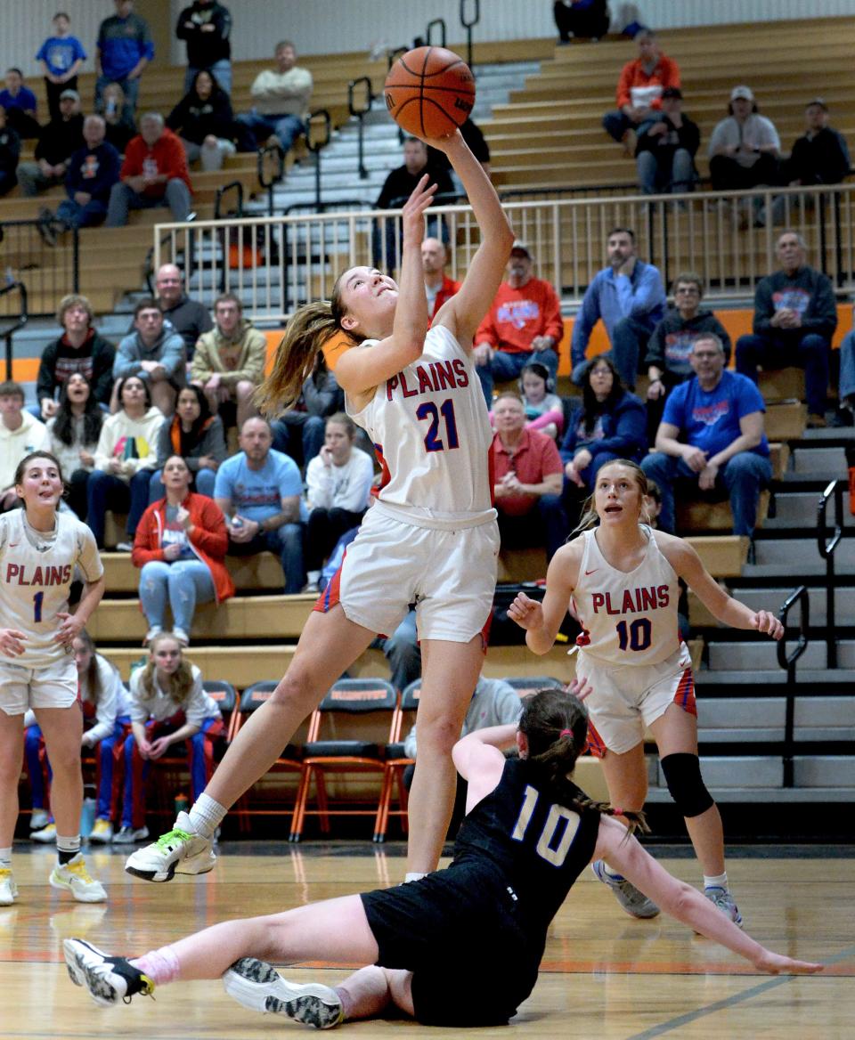 Pleasant Plains' Anna Weber goes up for a shot during the game against Central South Eastern Thursday, February 22, 2024.
