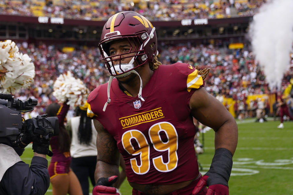 Washington Commanders defensive end Chase Young (99) taking the field before the start of the first half of an NFL football game against the Philadelphia Eagles, Sunday, Oct. 29, 2023, in Landover, Md. (AP Photo/Alex Brandon)