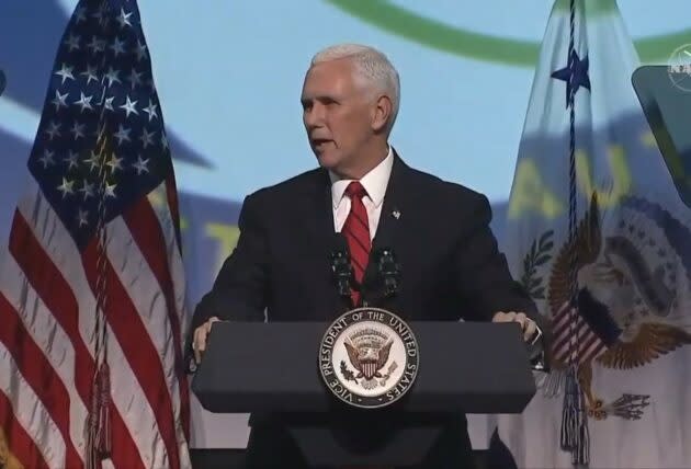 Vice President Mike Pence addresses the opening session of the International Astronautical Congress in Washington, D.C. (NASA via YouTube)