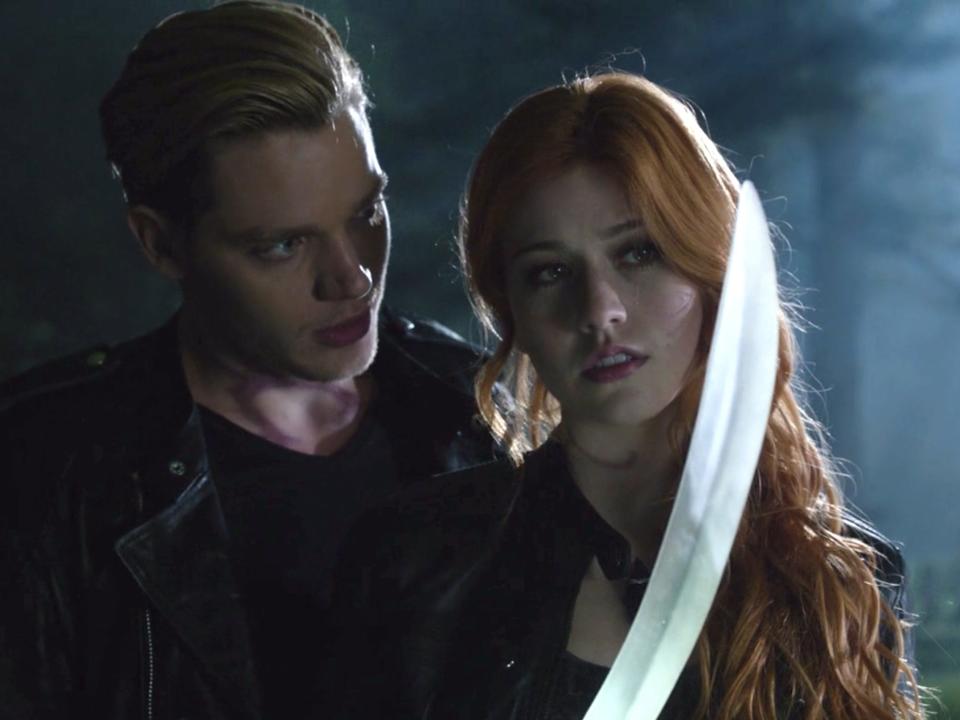 Dominic Sherwood and Katherine McNamara in season one of "Shadowhunters."