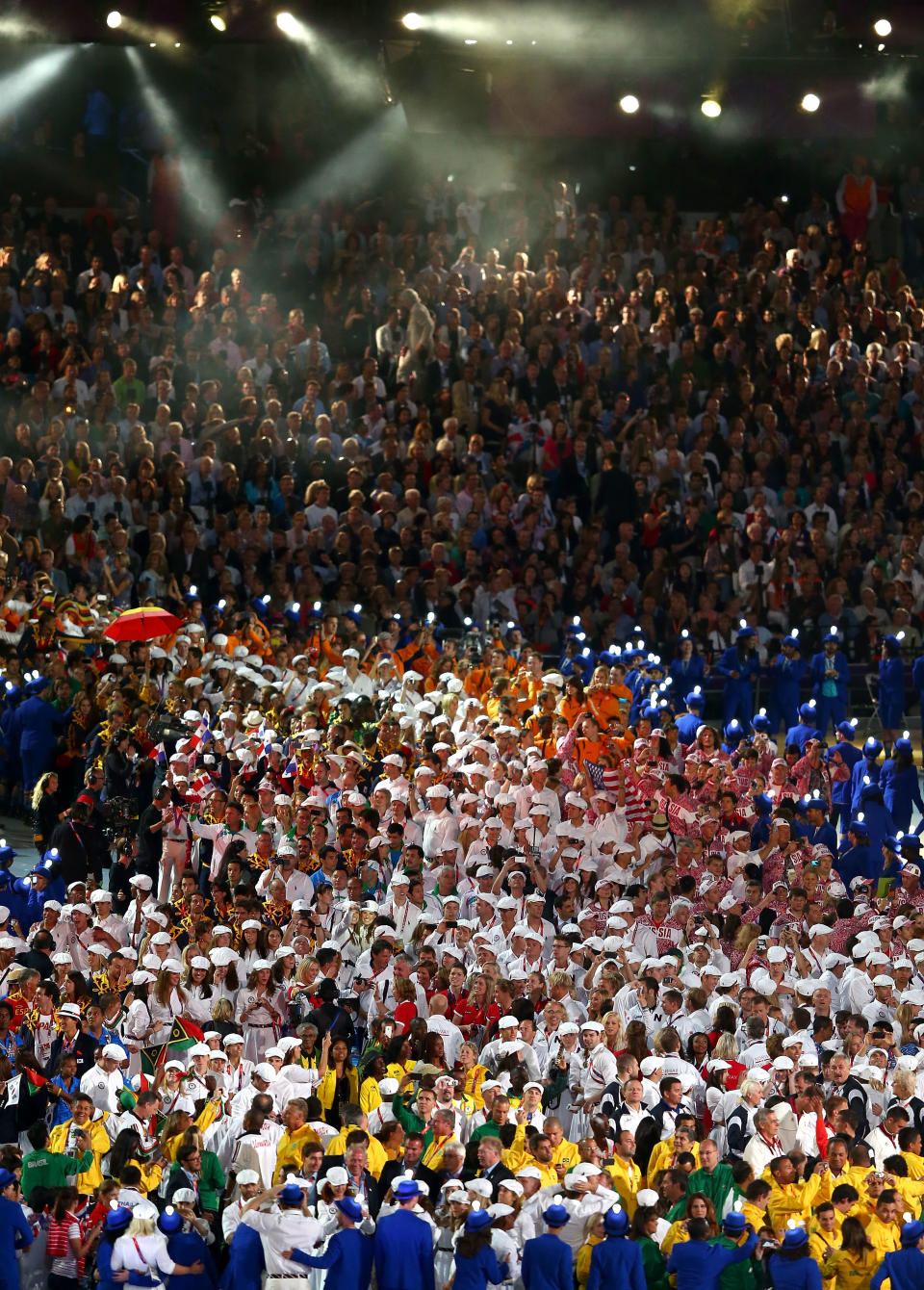 Athletes enter the stadium during the Closing Ceremony on Day 16 of the London 2012 Olympic Games at Olympic Stadium on August 12, 2012 in London, England. (Photo by Michael Steele/Getty Images)