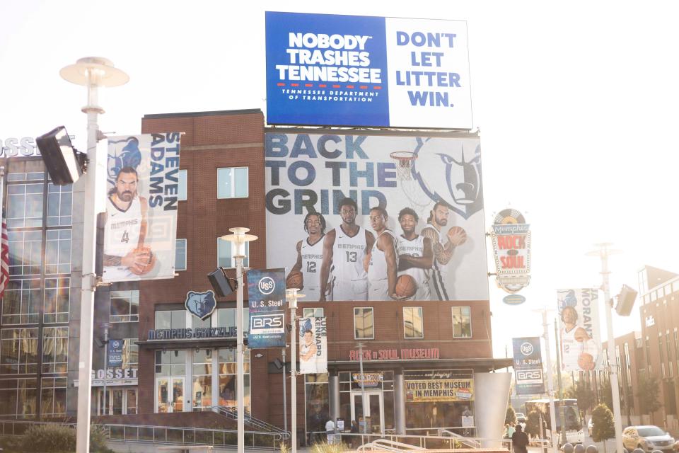 The Memphis Grizzlies’ new mural for the 2023-2024 season with the words “Back to the Grind” can be seen on the side of the Rock n Roll Museum on Friday, October 20, 2023 on Downtown Memphis, Tenn.