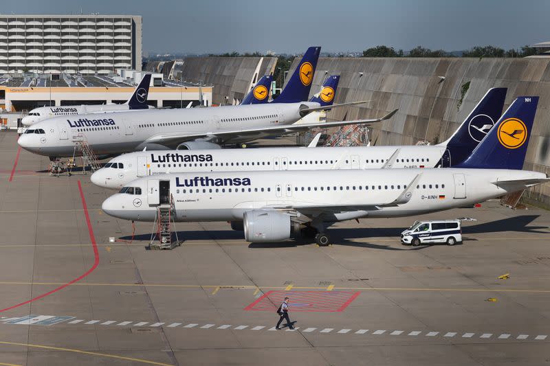 Lufthansa planes are seen parked on the tarmac of Frankfurt Airport