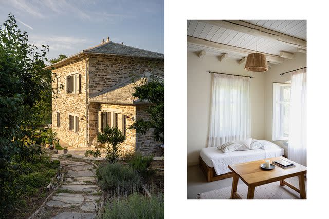 <p>Sivan Askayo</p> From left: Amanita Guesthouse, where dinners are served in the garden; calming simplicity at Amanita Guesthouse, on the slopes of Mount Pelion.