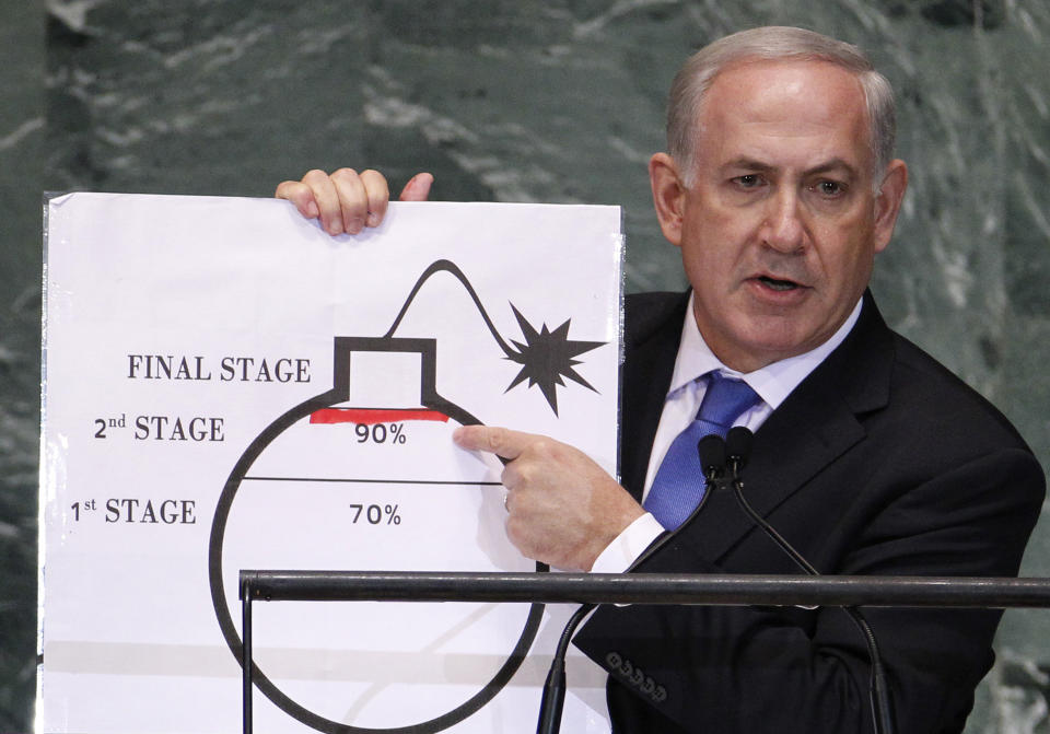 Israeli Prime Minister Benjamin Netanyahu points to a red line he drew on the graphic of a bomb used to represent Iran's nuclear program as he addresses the United Nations General Assembly&nbsp;on Sept. 27, 2012. (Photo: Lucas Jackson/Reuters)
