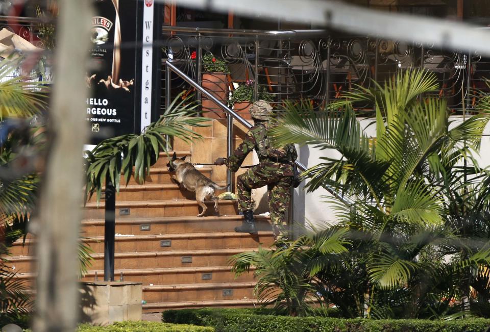 A Kenyan soldier holding a dog by its leash enters the main gate of Westgate Shopping Centre in Nairobi