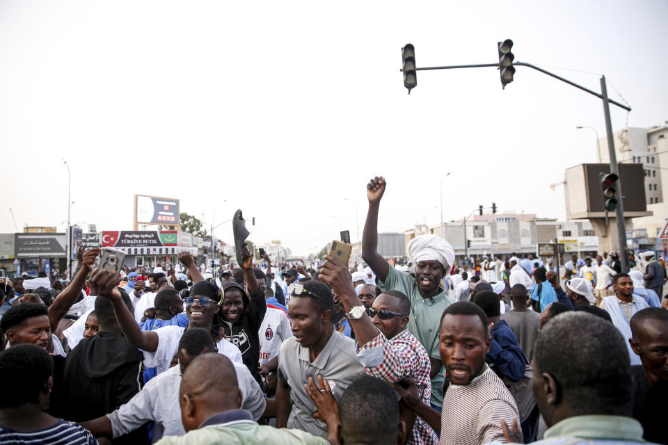 Supporters of presidential candidate Biram Ould Dah Ould Abeid take part in a campaign rally ahead of the presidential election Nouakchott, Mauritania, Monday, June 24, 2024. (AP Photo/Mamsy Elkeihel) (AP Photo/Mamsy Elkeihel)
