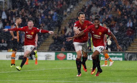 Football Soccer Britain- Hull City v Manchester United - Premier League - The Kingston Communications Stadium - 27/8/16 Manchester United's Marcus Rashford celebrates scoring their first goal Action Images via Reuters / Lee Smith