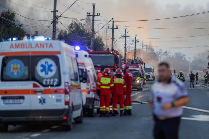 Flames rise after an explosion at a LPG station in Crevedia, near Bucharest