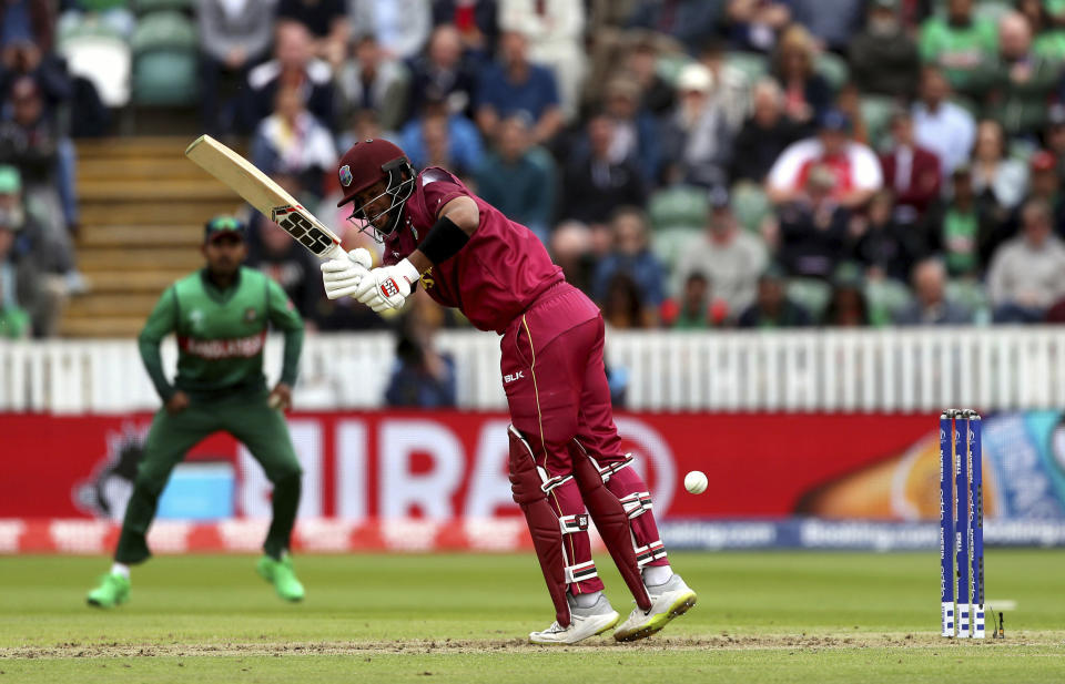 West Indies' Shai Hope in action during the Cricket World Cup match between West Indies and Bangladesh at The Taunton County Ground, Taunton, south west England, Monday June 17, 2019. (David Davies/PA via AP)