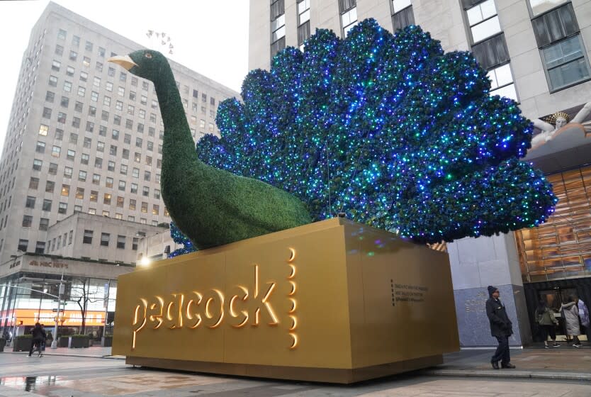 A sculpture outside Comcast headquarters at Rockefeller Center welcomed attendees to the company's investor presentation for the new streaming service Peacock.