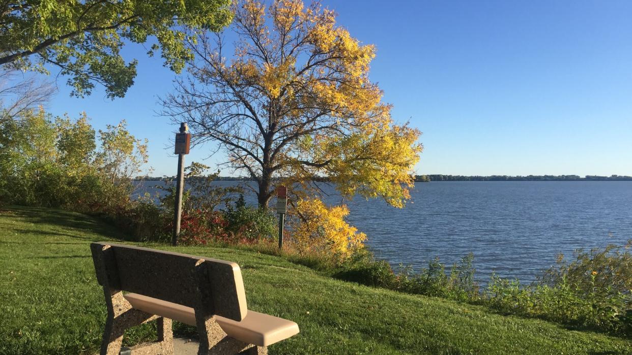 A bench near to Storm Lake,Iowa ,USA on October 2,2017 - Image.