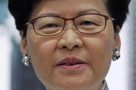 Hong Kong's Chief Executive Carrie Lam speaks at a press conference, Saturday, June 15, 2019, in Hong Kong. Lam said she will suspend a proposed extradition bill indefinitely in response to widespread public unhappiness over the measure, which would enable authorities to send some suspects to stand trial in mainland courts. (AP Photo/Kin Cheung)