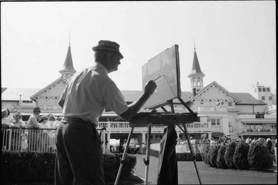 The twin spires at Churchill Downs are painted from the paddock are of the track on Kentucky Derby day. May 7, 1992.