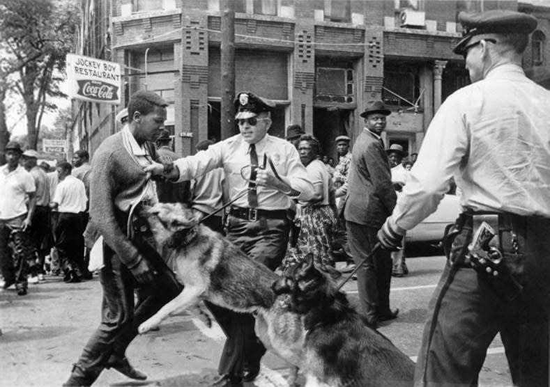 This image of Parker High School student Walter Gadsden being attacked by dogs appeared May 4, 1963, in The New York Times.