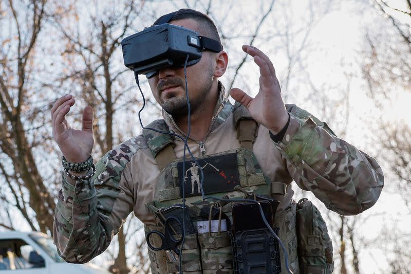 Serviceman of the 80th Airborne Assault Brigade prepares to operates a FPV-drone in Donetsk region