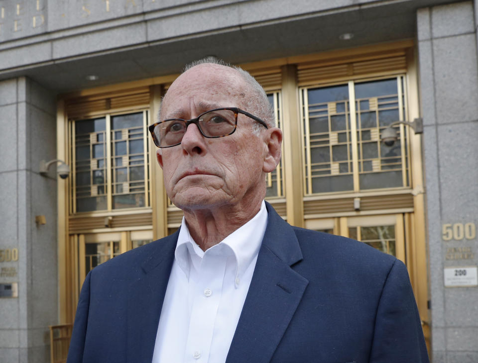 Former Rochester Drug Co-Operative CEO Laurence Doud III leaves US. District Court in Manhattan, Tuesday, April 23, 2019, in New York. Prosecutors allege Doud ignored red flags to turn his drug distributor into a supplier of last resort as the opioid crisis raged. (AP Photo/Kathy Willens)