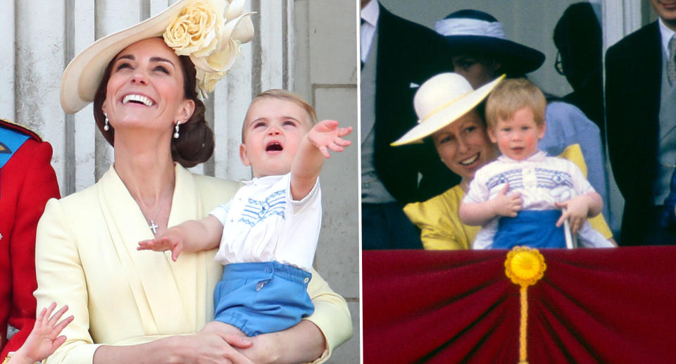 Prince Harry and Princess Anne pictured at the 1986 Trooping the colour in the same outfits as Prince Louis and Kate Middleton in 2019