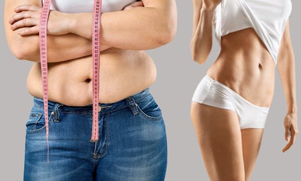 Foto de Comparison of a fat and thin girl. Slimming. Before and after. Weight  loss. Liposuction. Fitness. Proper nutrition. Diet. Rejuvenating  treatments. do Stock