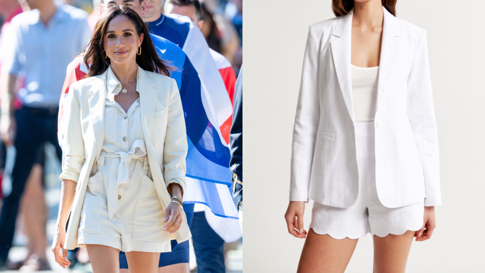 Meghan Markle during day six of the Invictus Games Düsseldorf 2023 and Abercrombie's Premium Linen Blazer (Photos via Getty & Abercrombie).