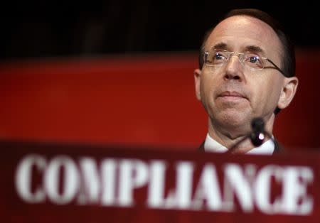 U.S. Deputy Attorney General Rod Rosenstein speaks at the Compliance Week 13th Annual Conference in Washington, U.S., May 21, 2018. REUTERS/Joshua Roberts/Files