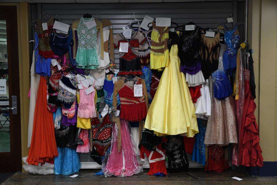 Competition unitards and dresses are on sale at the annual America's Youth on Parade baton twirling competition at the University of Notre Dame in South Bend on July 25, 2023.