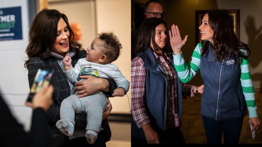 (L) Governor Gretchen Whitmer holds a baby while greeting supporters as she and Lt Gov Garlin Gilchrist II campaign at a "Grillin' with Gretchen" event at Cass Technical High School on Saturday, Oct. 15, 2022 in Detroit, MI. (R) Republican Governor candidate Tudor Dixon waves at well-wishers after participating in the Empowering Families & Protecting Children Bus tour at Faith Baptist Church on Monday, Oct. 17, 2022 in Clinton Township, MI.