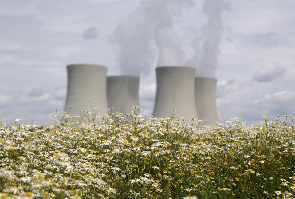 FILE - Flowers bloom in front of cooling towers of the Temelin nuclear power plant near the town of Tyn nad Vltavou, Czech Republic, on Thursday, June 25, 2015. In the wake of the Russian war with Ukraine, the Czech Republic has sought to wean itself off Russian nuclear supplies completely and turned to Westinghouse and the French company Framatome for future shipments of fuel assemblies for its only nuclear power plant, currently supplied by Tvel, with the new supplies expected to begin in 2024. (AP Photo/Petr David Josek, File)