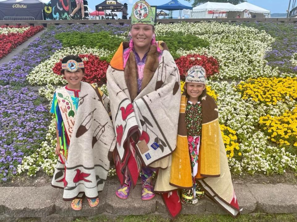 The winners of the 2022 Wiigwaasmin Pageant were Little Miss Wiigwaasmin Bird Marshall, left, in the category for girls aged 5 to 9; Miss Wiigwaasmin Chloe Chippewa, crowned princess in the 10 to 16 group; and Wiigwaasmin Warrior Shaune Leaxreaux, among boys 5 to 16. The girls are from the Grand Traverse Band of Ottawa and Chippewa, while Shane is from the Saginaw Chippewa Tribe of Michigan. The 2023 pageant takes place Monday at the National Cherry Festival in Traverse City.