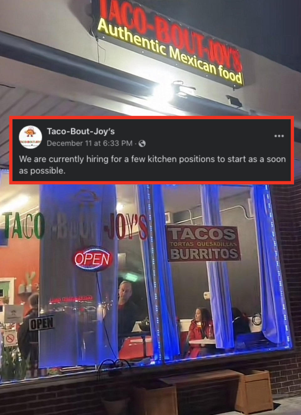 exterior of restaurant with screenshot of facebook post mentioning that they're hiring a few kitchen positions to start immediately