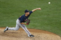 Atlanta Braves' Robbie Erlin pitches during the second inning of a baseball game against the Philadelphia Phillies, Monday, Aug. 10, 2020, in Philadelphia. (AP Photo/Matt Slocum)