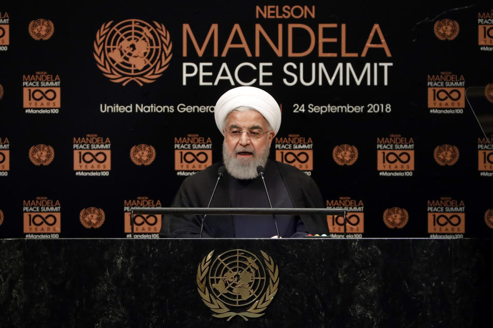 Iran's President Hassan Rouhani addresses the Nelson Mandela Peace Summit in the United Nations General Assembly, at U.N. headquarters, Monday, Sept. 24, 2018. (AP Photo/Richard Drew)