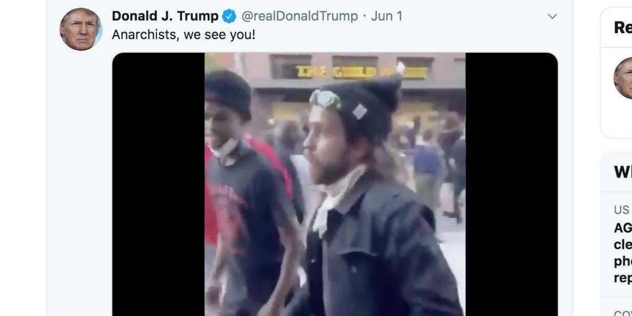 A screenshot of Donald Trump's tweet about the unnamed demonstrator in Columbus, Ohio.