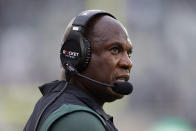 Michigan State coach Mel Tucker watches from the sideline during the second half of an NCAA college football game against Minnesota, Saturday, Sept. 24, 2022, in East Lansing, Mich. Minnesota won 34-7. (AP Photo/Al Goldis)