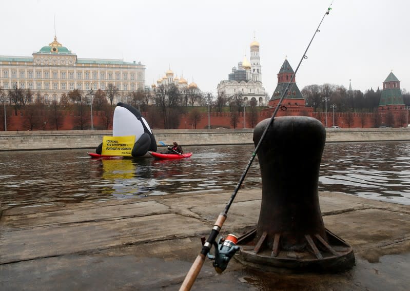 Greenpeace activists take part in a protest in front of the Kremlin against animal rights violations, in Moscow