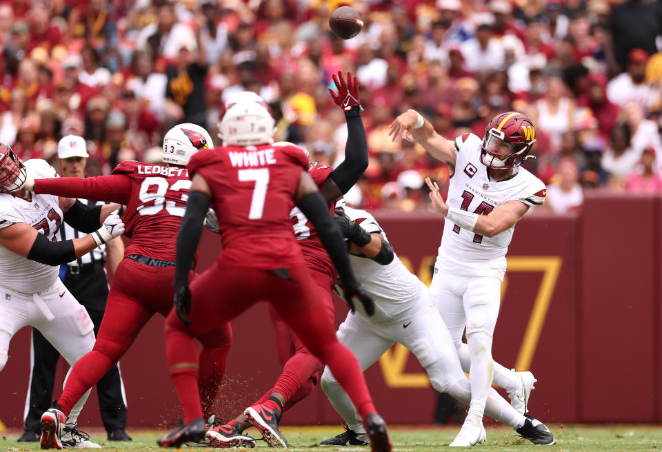 Sam Howell #14 of the Washington Commanders. (Photo by Scott Taetsch/Getty Images)